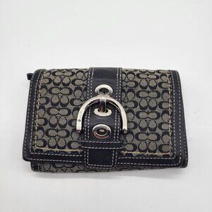 Coach Black Gray Signature Jacquard Leather Silver Buckle Wallet Y2K